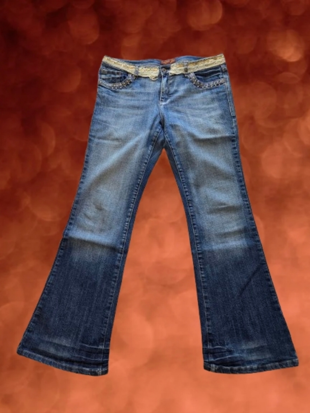 Y2K Women's Blue Flare Embellished Jeans - Size 13